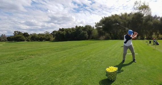 Guest practicing golf swings at a scenic driving range experience with Kentina Hospitality in Temecula Valley