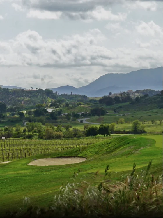 Scenic view of a championship golf course and rolling hills at a Kentina Hospitality destination in Temecula Valley