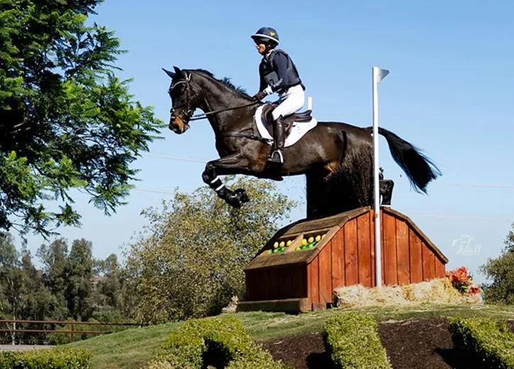 Equestrian rider and horse clearing a cross-country jump at a premier equestrian venue in Temecula Valley surrounded by scenic countryside and competition grounds