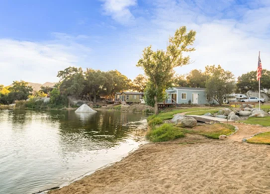 Scenic lakeside cabin retreat with private beach access and waterfront views in Temecula Valley