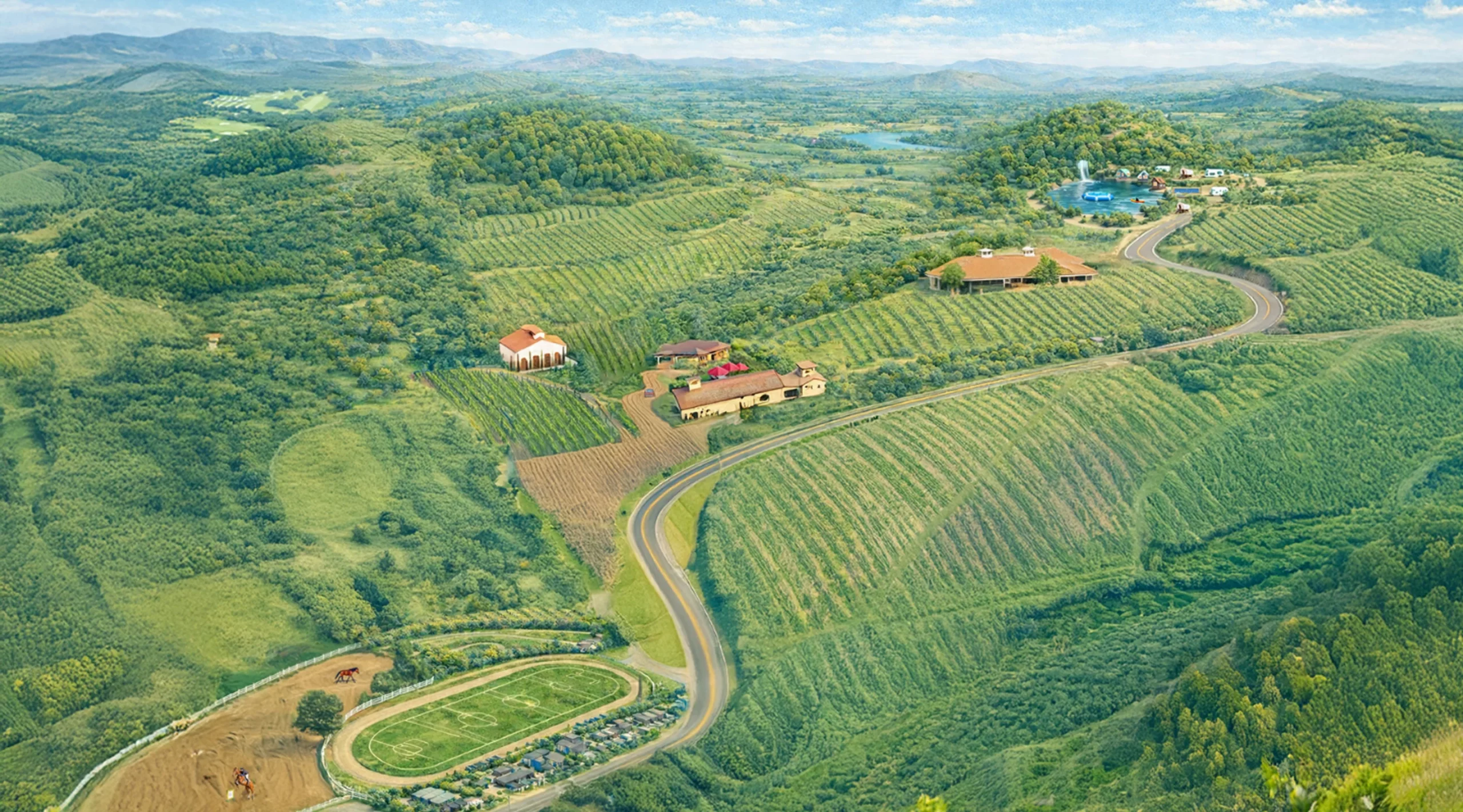 Illustrated aerial map of Temecula Valley highlighting Kentina destinations, including wineries, golf, equestrian experiences, lakeside retreats, and scenic vineyard landscapes.