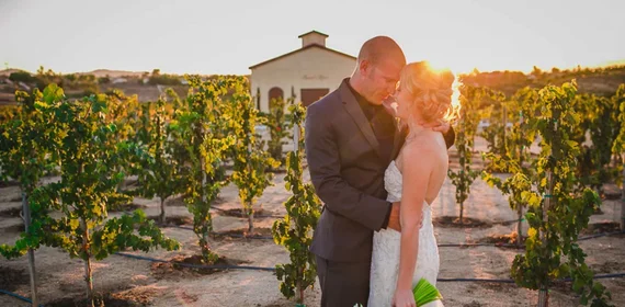 Bride and groom sharing a sunset moment among vineyard rows during a romantic wedding celebration in Temecula Wine Country.