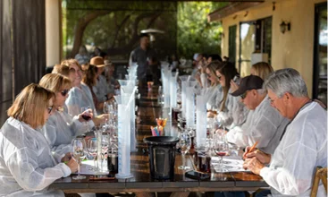 Guests participating in a guided wine tasting event at a Temecula winery with curated wine flights and vineyard hospitality experience
