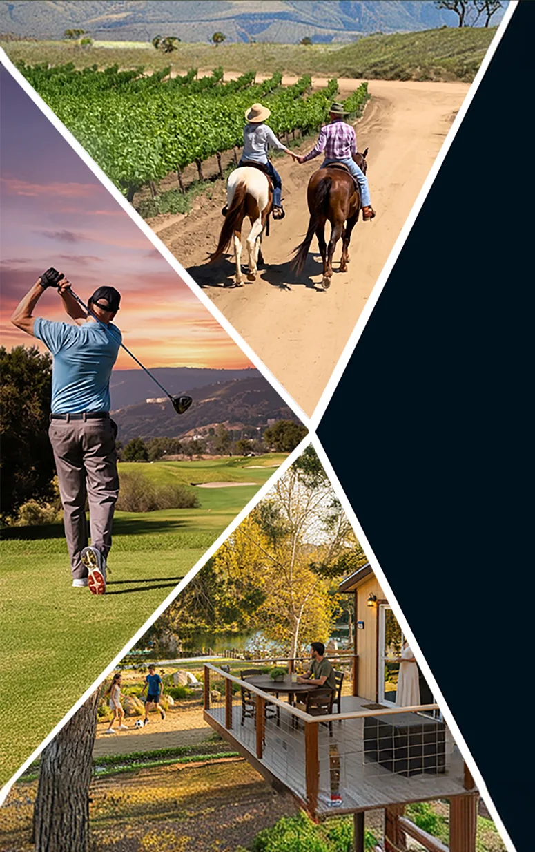 Temecula Valley collage featuring vineyard horseback riding, golf, and a scenic outdoor retreat surrounded by nature.